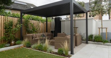 a patio with a couch and a table in it